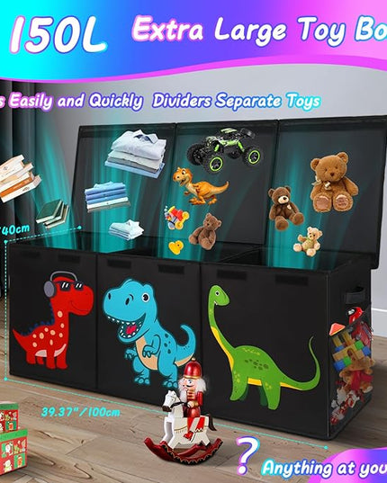 Extra Large Toy Box, Collapsible Sturdy Toy Storage Organizer with Lids, Dinosaur Toy Box for Boys Girls, 41"x14"x16" Kids Toy Chest Bin Box Baskets for Living Room, Playroom, Bedroom, Nursery, Black - LeafyLoom
