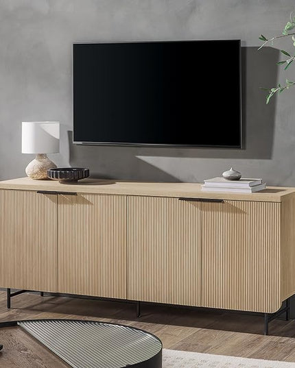 Walker Edison Modern Scandinavian Fluted Door Kitchen Storage Sideboard Buffet Cabinet Console, 69 Inch, Coastal Oak/Black - LeafyLoom