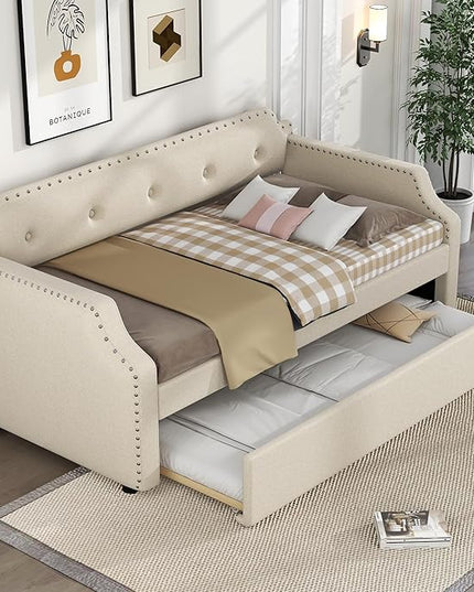 Twin Size Upholstered Daybed with Trundle, Wooden Day Sofa Bed Frame for Bedroom Living Guest Room, Wood Slat Support, Space Saving, Beige - LeafyLoom