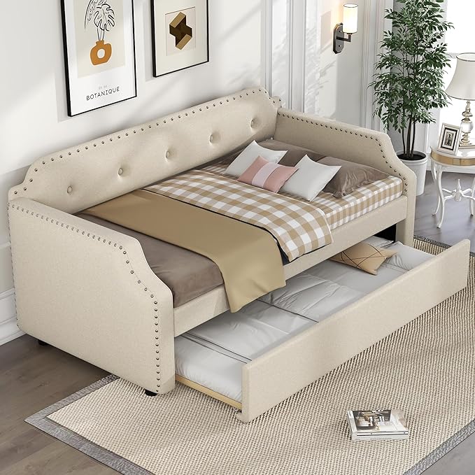 Twin Size Upholstered Daybed with Trundle, Wooden Day Sofa Bed Frame for Bedroom Living Guest Room, Wood Slat Support, Space Saving, Beige - LeafyLoom