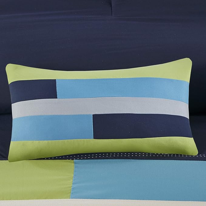 Mi Zone Cozy Comforter Set Geometric Stripes Vibrant Color Design All Season Bedding Matching Shams, Decorative Pillow, Twin/Twin XL, Pipeline Navy, 3 Piece - LeafyLoom