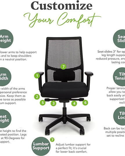 HON Ignition 2.0 Ergonomic Office Chair - Adjustable Tilt, Swivel Wheels, Comfortable for Long Hours - Home Office Desk Chair - LeafyLoom