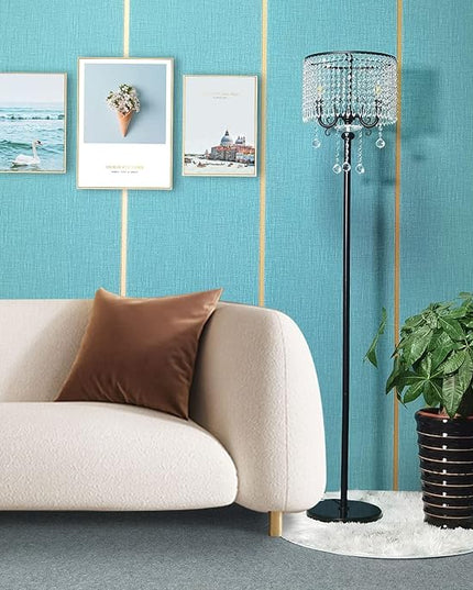 Hsyile KU300267 Modern Elegance Crystal Floor Lamp for Living Room,Bedroom,Office - Standing Tall Pole Lamp - Classic Black - LeafyLoom