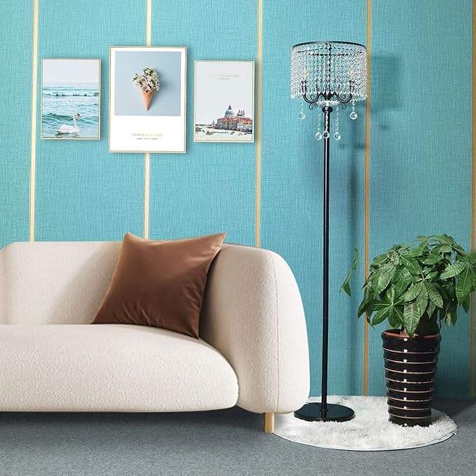 Hsyile KU300267 Modern Elegance Crystal Floor Lamp for Living Room,Bedroom,Office - Standing Tall Pole Lamp - Classic Black - LeafyLoom