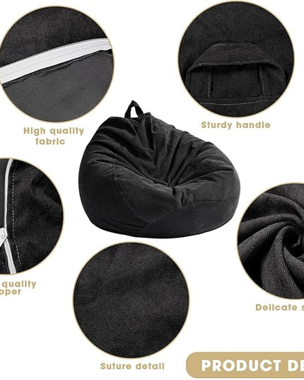2 Pcs Bean Bag Cover Stuffed Animal Storage Bean Bag Chair Cover Soft Corduroy Stuffed Animal Bean Bag Storage for Kids Adults Indoor Bedroom Organizing Plush Toys(Black, 200L) - LeafyLoom