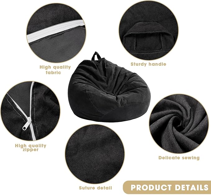 2 Pcs Bean Bag Cover Stuffed Animal Storage Bean Bag Chair Cover Soft Corduroy Stuffed Animal Bean Bag Storage for Kids Adults Indoor Bedroom Organizing Plush Toys(Black, 200L) - LeafyLoom