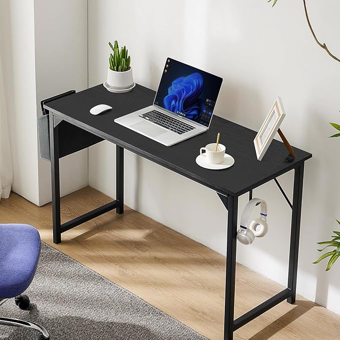 STATESVILLE 32 inch Small Computer Desk Writing Study Work Office Table Modern Simple with Storage Bag and Hook for Home Bedroom, Black - LeafyLoom