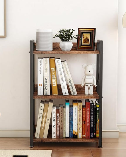 Small Bookshelf for Small Spaces, 3 Tier Bookcase, Narrow Gold Book Shelf, Small Shelf Open Display Rack for Bedroom, Living Room, Home Office,Rustic Brown - LeafyLoom