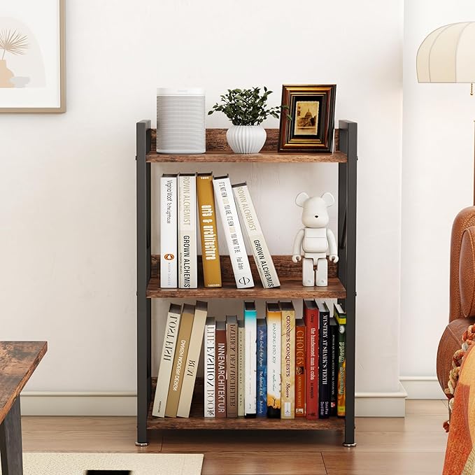 Small Bookshelf for Small Spaces, 3 Tier Bookcase, Narrow Gold Book Shelf, Small Shelf Open Display Rack for Bedroom, Living Room, Home Office,Rustic Brown - LeafyLoom