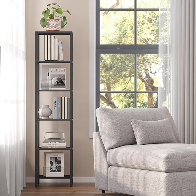 TUTOTAK Bookshelf, 6-Tier Tall Book Shelf, Narrow Bookcase for Small Space, DIY Stackable Bookshelf, for Living Room, Office, Study, Entryway, Industrial, Black BS01BK006 - LeafyLoom