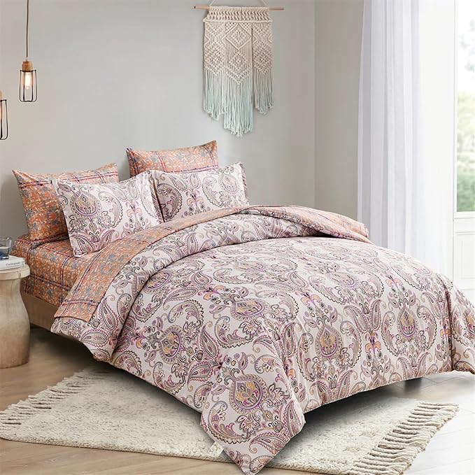Yiran 7 Pieces Paisley Comforter Set Bed in a Bag Boho Floral Comforter Soft Microfiber Paisley Bedding Set Queen Size 90"×90"(1 Comforter,2 Pillowcases,2 Pillow Shams,1 Flat Sheet,1 Fitted Sheet) - LeafyLoom