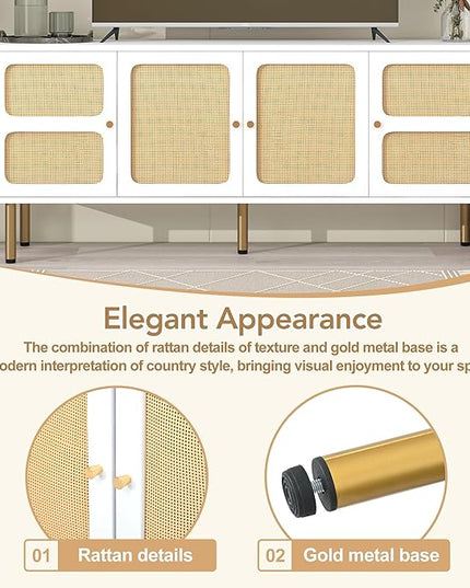 NicBex TV Stand for 70 Inch TV Modern TV Media Console Table with Rattan Door and Gold Metal Base,Entertainment Center with Storage for Living Room,64.9 Inch,White - LeafyLoom