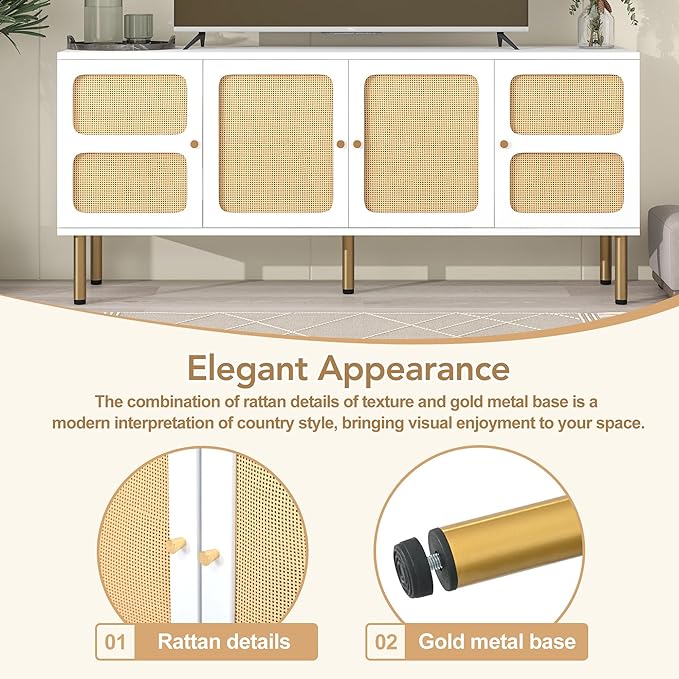 Boho Style Stand with Rattan Door, Woven Media Console Table for TVs Up to 70'', Rustic Design Side Board w/Gold Metal Base for Living Room Bedroom, 70 inch, White - LeafyLoom