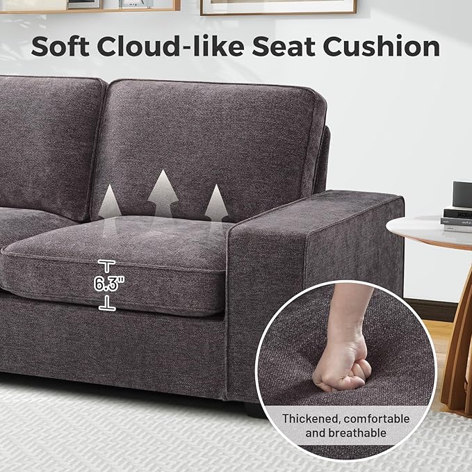 EASELAND Sofa Couch, 88" Chenille Loveseat for Living Room, 3 Seat Lounge Sofa for Bedroom with Removable Back and Seat Cushions, Modern Deep Comfy Couch with Solid Wood Legs and Armrest (Dark Grey) - LeafyLoom