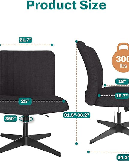 Criss Cross Desk Chair - Wide Armless Office Chair No Wheels, Cross Legged Office Chair, Adjustable Modern 360 Swivel Vanity, Fabric Padded,120° Rocking Ergonomic Mid Back Computer - Black - LeafyLoom