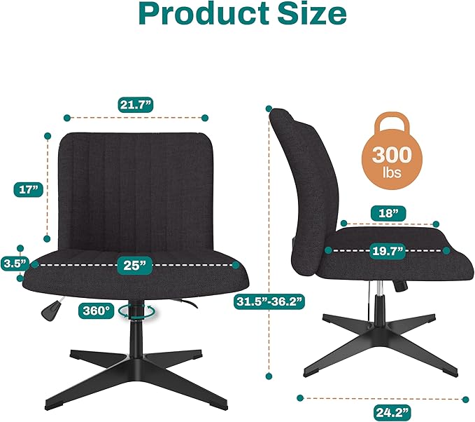 Criss Cross Desk Chair - Wide Armless Office Chair No Wheels, Cross Legged Office Chair, Adjustable Modern 360 Swivel Vanity, Fabric Padded,120° Rocking Ergonomic Mid Back Computer - Black - LeafyLoom