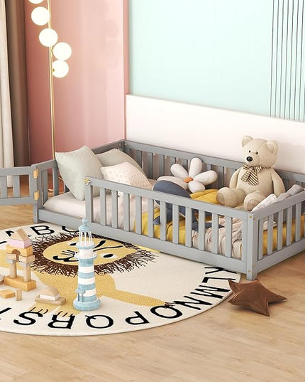 Multifunctional Twin Size Floor Bed with Safety Guardrails and Door, Removable Wood Slats, Montessori Beds Frame for Toddlers, for Boys and Girls, Gray - LeafyLoom
