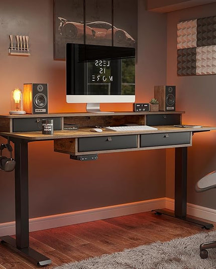 BANTI Height Adjustable Electric Standing Desk with 4 Drawers, 55 x 24 Inch Table with Storage Shelf, Sit Stand Desk, Rustic Brown Top - LeafyLoom