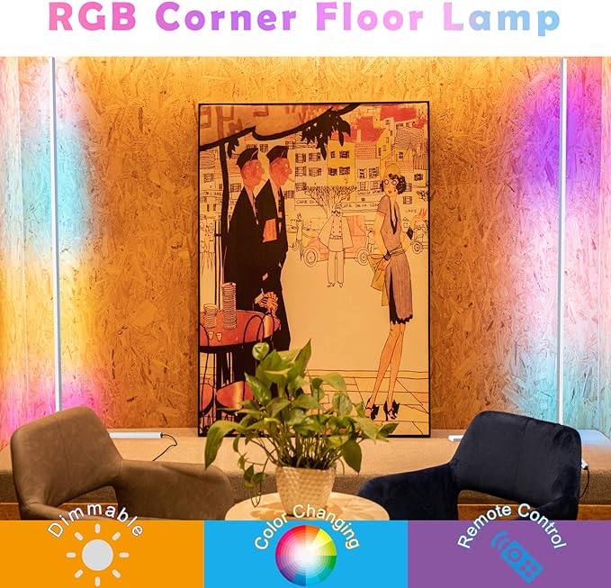 TACAHE Corner Floor Lamp - RGB Color Changing Mood Lighting, Dimmable LED Modern Floor Lamp with Remote, 56" Metal Standing Lamp for Living Room, Bedroom 20W - White - LeafyLoom