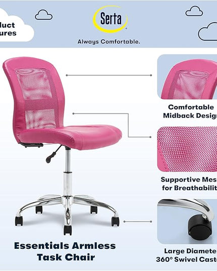 Serta Essential Armless Desk Chair Small TaskChair with Wheels, Breathable Mesh Back, SertaQuality Foam Cushion Seat for Comfort, Functional, Lightweight and Versatile, Task, Pink - LeafyLoom