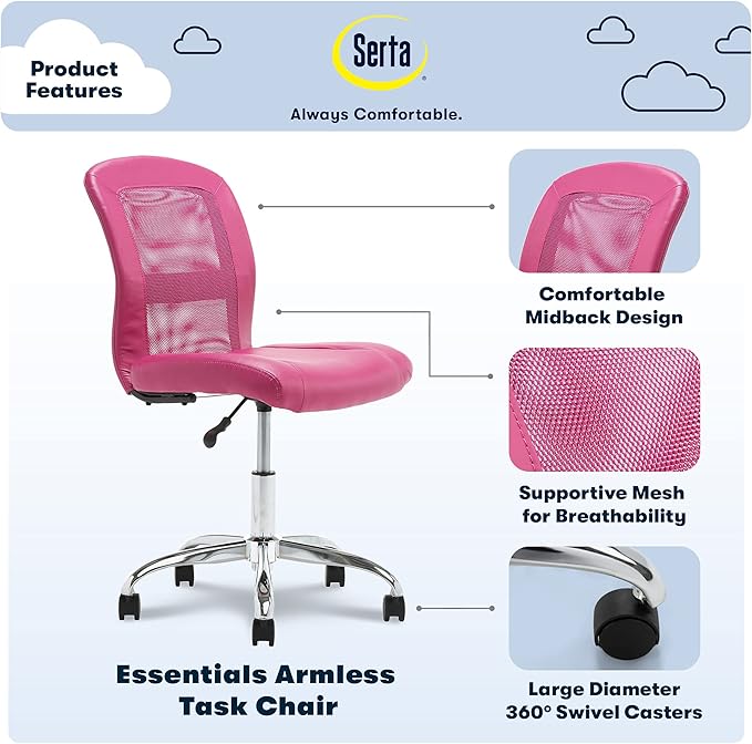 Serta Essential Armless Desk Chair Small TaskChair with Wheels, Breathable Mesh Back, SertaQuality Foam Cushion Seat for Comfort, Functional, Lightweight and Versatile, Task, Pink - LeafyLoom