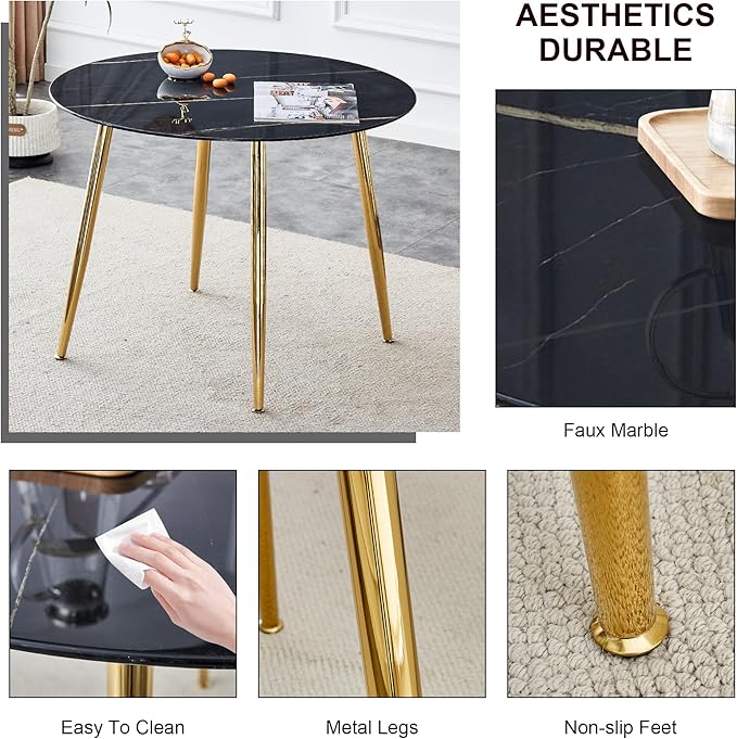 NicBex 40Inch Round Dining Table,Modern Kitchen Table with Imitation Marble Tabletop and Golden Metal Legs for 2 to 4,Leisure Coffee Table for Kitchen,Small Space and Living Room,Easy Clean,Black - LeafyLoom