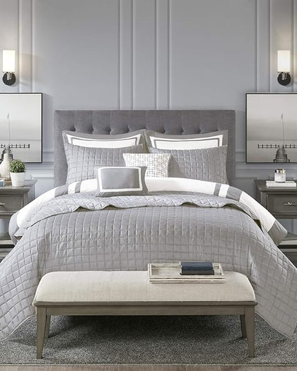 Madison Park Heritage Comforter Quilt Combo Set - Modern Luxury Design, All Season Down Alternative Bedding, Matching Shams, Decorative Pillows, Full/Queen(90"x90"), Color Block Grey 8 Piece - LeafyLoom