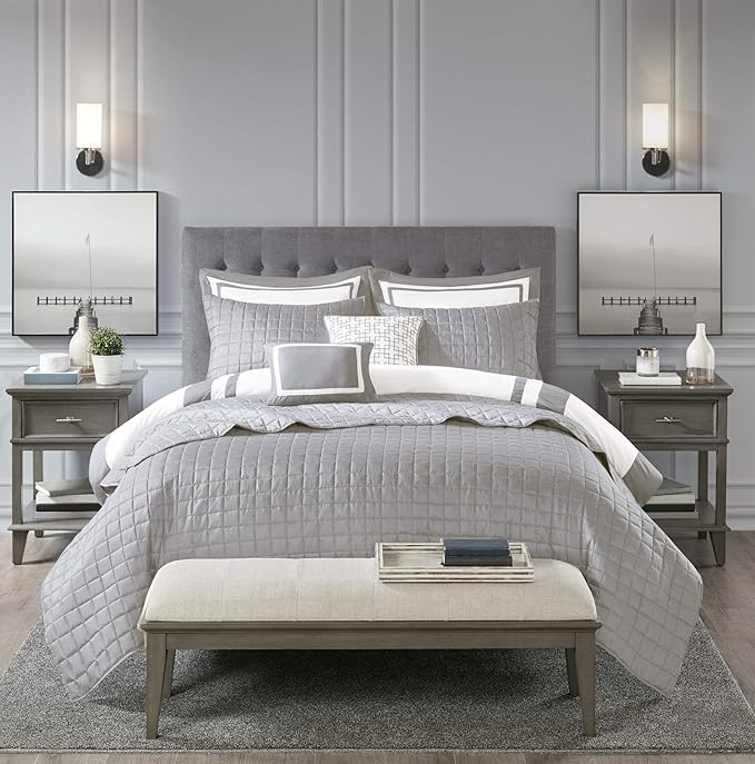 Madison Park Heritage Comforter Quilt Combo Set - Modern Luxury Design, All Season Down Alternative Bedding, Matching Shams, Decorative Pillows, Full/Queen(90"x90"), Color Block Grey 8 Piece - LeafyLoom