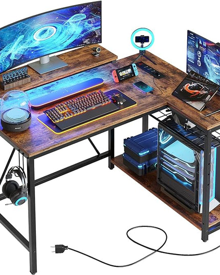 Bestier Small L Shaped Desk with Charging Port & LED Strip,Modern Computer Desk with Reversible Storage Shelves,Corner Desk with Hooks for Bedroom Office Studio Workstation,Rustic Brown - LeafyLoom