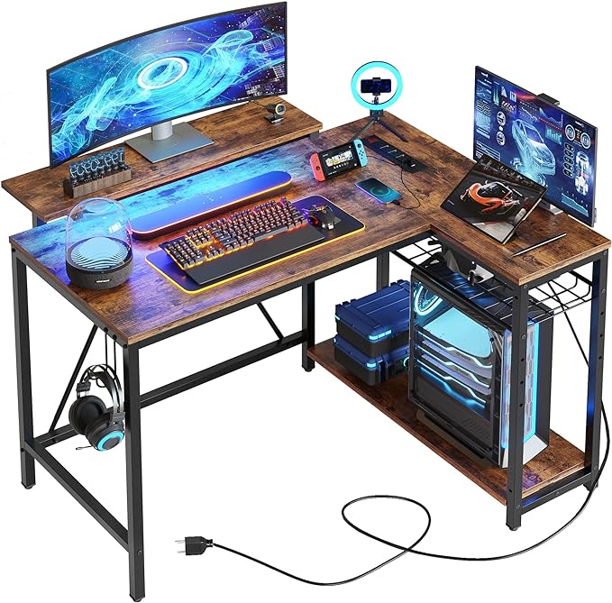 Bestier Small L Shaped Desk with Charging Port & LED Strip,Modern Computer Desk with Reversible Storage Shelves,Corner Desk with Hooks for Bedroom Office Studio Workstation,Rustic Brown - LeafyLoom