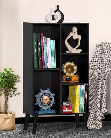 YAHARBO Small Black Narrow Bookshelf,3 Tier Modern Bookcase with Legs,Bookshelves Wood Storage Shelf,Rustic Book Shelves Cube Organizer,Display Bookcase - LeafyLoom