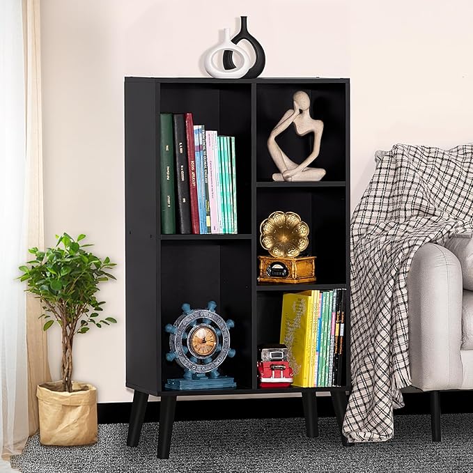 YAHARBO Small Black Narrow Bookshelf,3 Tier Modern Bookcase with Legs,Bookshelves Wood Storage Shelf,Rustic Book Shelves Cube Organizer,Display Bookcase - LeafyLoom