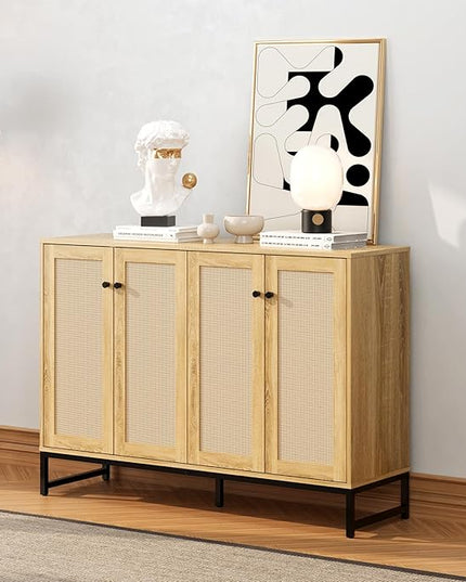 Storage Cabinet, Large Capacity Four-Door Rattan Sideboard with Adjustable Partitions, Metal Cabinet Legs, Modern Elegant Design Accent Cabinet Suitable for Home Office Bar Cafe (Natural Wood) - LeafyLoom