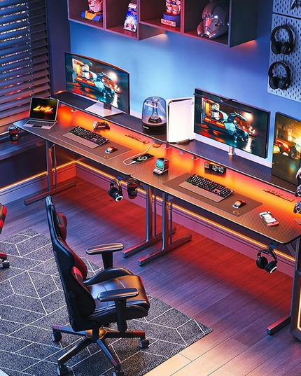 MOTPK Gaming Desk with LED Lights & Power Outlets, 47 Inch Computer Desk Gaming Table with Monitor Shelf, Gamer Desk with Carbon Fiber Texture, Kids Boys Desk Gift for Men - LeafyLoom