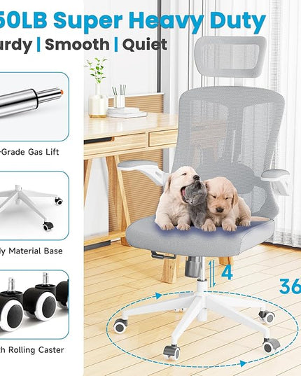 Ergonomic Office Chair - Comfy Desk Chairs with Wheels and Arms, 500LB Heavy Duty Mesh Computer Chairs with Comfortable Head Lumbar Back Support for Office, Study, College Dorm and Bedroom - LeafyLoom