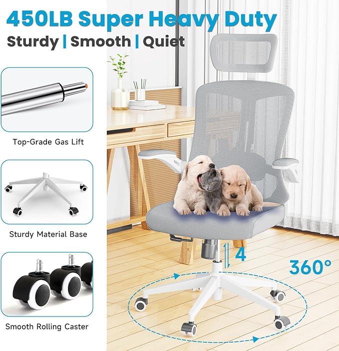 Ergonomic Office Chair - Comfy Desk Chairs with Wheels and Arms, 500LB Heavy Duty Mesh Computer Chairs with Comfortable Head Lumbar Back Support for Office, Study, College Dorm and Bedroom - LeafyLoom