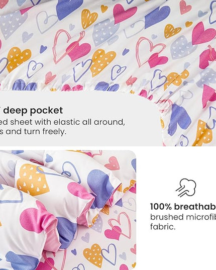 Mooreeke Full Size Comforter Sets for Girls Kids, 8 Pieces Bed in a Bag Pink Heart Bedding Comforter Sheet Set with Shams and Decorative Toy Pillow, Ultral Soft Microfiber Kids Bed Set - LeafyLoom