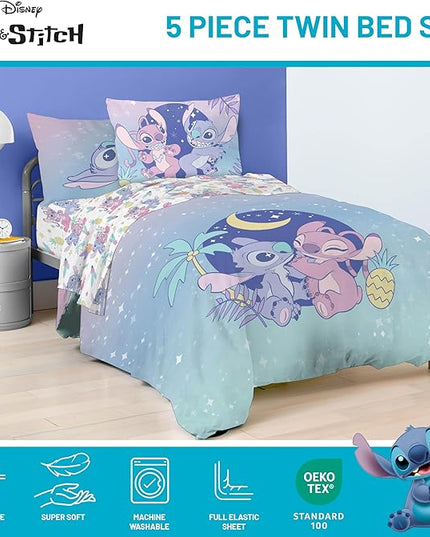 Disney Lilo and Stitch Twin Size Comforter Set - 5 Piece Floral Bedding includes Sheet Set & Pillow Covers Features Angel - Super Soft Purple & Teal Stars Kids Bedding - LeafyLoom