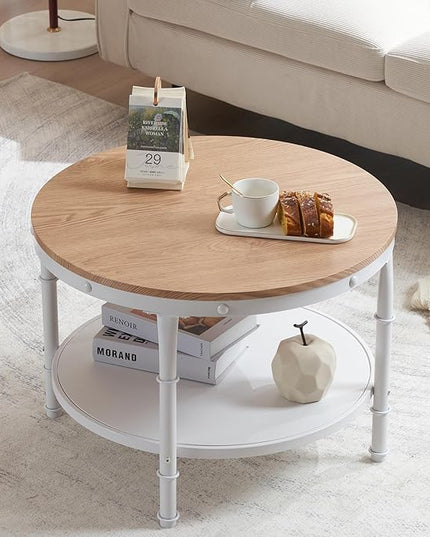 VINGLI 25.6" Natural White Round Farmhouse Coffee Table, 2-Tier Storage Wood Center Circle Accent Table for Living Room, Bedroom, Apartment, Studio and Small Spaces, Sturdy Metal Frame, Natural Color - LeafyLoom