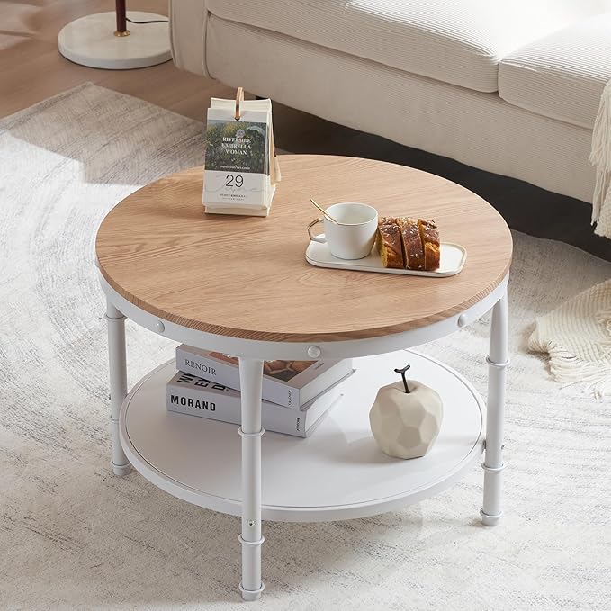 VINGLI 25.6" Natural White Round Farmhouse Coffee Table, 2-Tier Storage Wood Center Circle Accent Table for Living Room, Bedroom, Apartment, Studio and Small Spaces, Sturdy Metal Frame, Natural Color - LeafyLoom