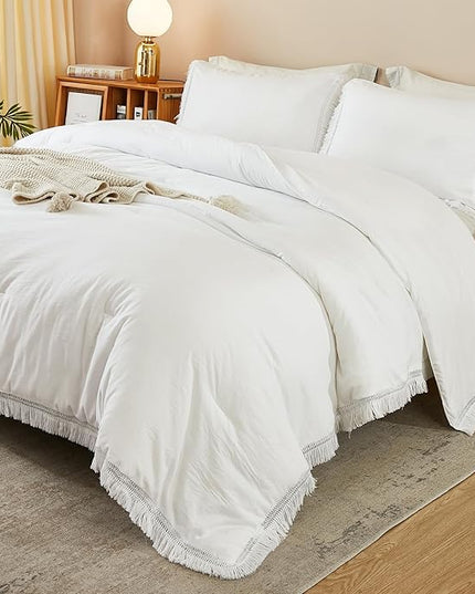 Litanika California King Comforter Set White, 3 Pieces Cal King Boho Tassel Bed Comforter, Oversized Soft Lightweight Bedding Comforter Sets for All Season(1 Comforter 104x96 inch, 2 Pillowcases) - LeafyLoom