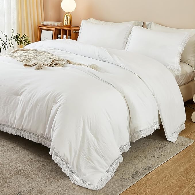 Litanika California King Comforter Set White, 3 Pieces Cal King Boho Tassel Bed Comforter, Oversized Soft Lightweight Bedding Comforter Sets for All Season(1 Comforter 104x96 inch, 2 Pillowcases) - LeafyLoom