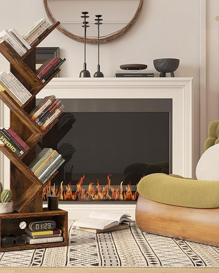YMYNY 6 Tier Tree Bookshelf, Tall Bookcase, Wood Book Storage Rack with Drawer, Modern Floor Standing Book Shelf for Books/Movies/CDs, Utility Organizer for Living Room, Office, Rustic Brown UHBC016H - LeafyLoom