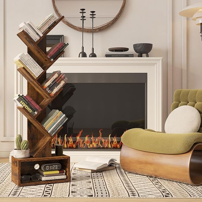 YMYNY 6 Tier Tree Bookshelf, Tall Bookcase, Wood Book Storage Rack with Drawer, Modern Floor Standing Book Shelf for Books/Movies/CDs, Utility Organizer for Living Room, Office, Rustic Brown UHBC016H - LeafyLoom