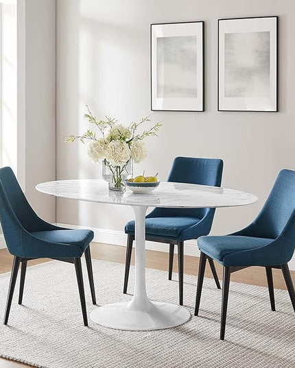 Modway Lippa 60" Oval-Shaped Mid-Century Modern Dining Table with Artificial Marble Top and White Base - LeafyLoom