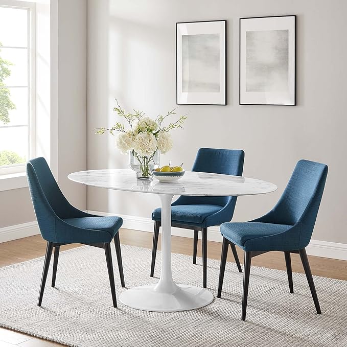 Modway Lippa 60" Oval-Shaped Mid-Century Modern Dining Table with Artificial Marble Top and White Base - LeafyLoom