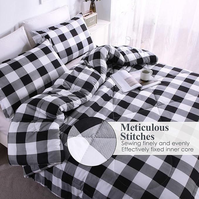 Andency Black Plaid Comforter Set Full Size (79x90 Inch), 3 Pieces (1 Gingham Comforter and 2 Pillowcases), Summer Lightweight Microfiber Buffalo Check Down Alternative Comforter Set - LeafyLoom