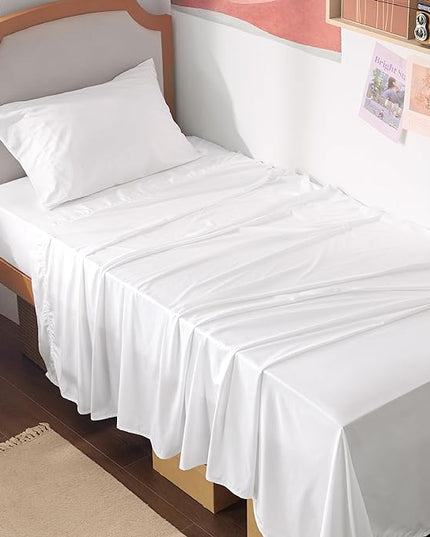 Bedsure Twin XL Sheet Set Dorm Bedding, Cooling Sheets Twin Extra Long Sheets, Rayon Derived from Bamboo, Deep Pocket Up to 16", Hotel Luxury Silky Bedding Sheets & Pillowcases, White - LeafyLoom