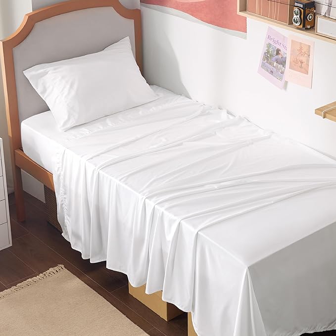 Bedsure Twin XL Sheet Set Dorm Bedding, Cooling Sheets Twin Extra Long Sheets, Rayon Derived from Bamboo, Deep Pocket Up to 16", Hotel Luxury Silky Bedding Sheets & Pillowcases, White - LeafyLoom