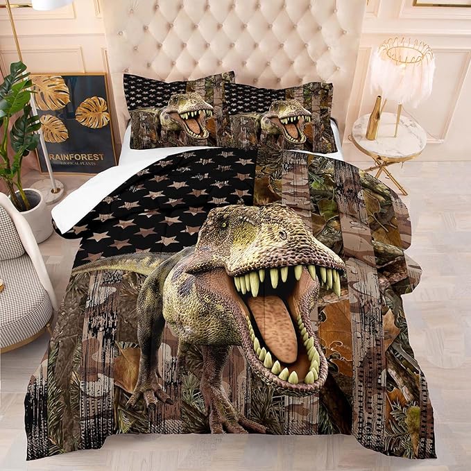 Tailor Shop Dinosaur Boys Comforter Sets Full Size,Dinosaur Bedding Sets for Kids Teens,Camo Comforter Sets American Flag Comforter Sets with 1 Comforter 2 Pillowcase… - LeafyLoom